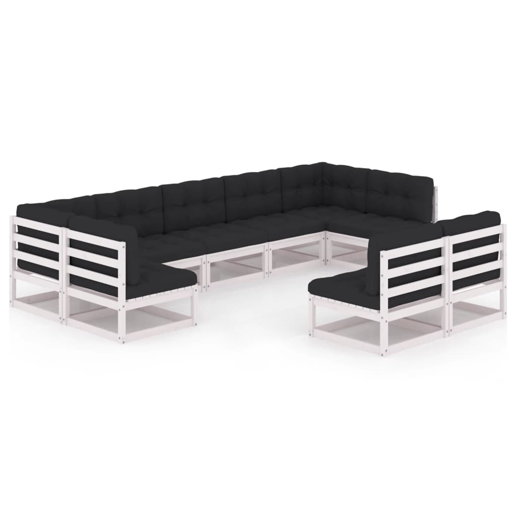 9-tlg. Garten-Lounge-Set mit Kissen Weiss Kiefer Massivholz